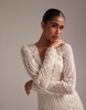 ASOS DESIGN embroidered plunge long sleeve maxi wedding dress in ivory