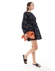 ASOS DESIGN cotton poplin mini dress with ruched bust in monochrome abstract print