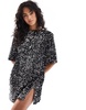 4th & Reckless velvet sequin mini T-shirt dress with open back in black