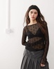 COLLUSION long sleeve branded lace sheer top in black