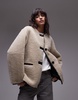 Mango contrast detail collarless faux shearling jacket in ecru
