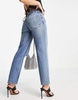 ASOS DESIGN Petite cotton blend low rise straight leg jeans in all over diamante hotfix with ripped knee - MBLUE