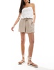ONLY linen look textured pull on shorts with bead detail in beige