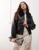Miss Selfridge faux leather croc faux fur trim bomber jacket in black