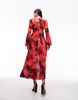 Topshop button down v neck tie front midi dress in pink floral print