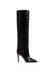 Charcoal Leather Stiletto Boots With Crocodile Print