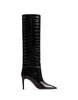 Charcoal Leather Stiletto Boots With Crocodile Print