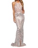 beaded column prom dress in silver