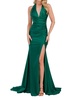 satin halter neck sleeveless slit dress in emerald