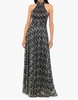 vilma halter neck foil print maxi dress in navy blue with gold