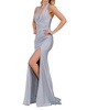 satin halter neck sleeveless slit dress in silver