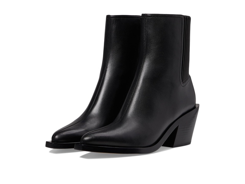 Prestyn Black Leather Western Stacked Heel Ankle Boots