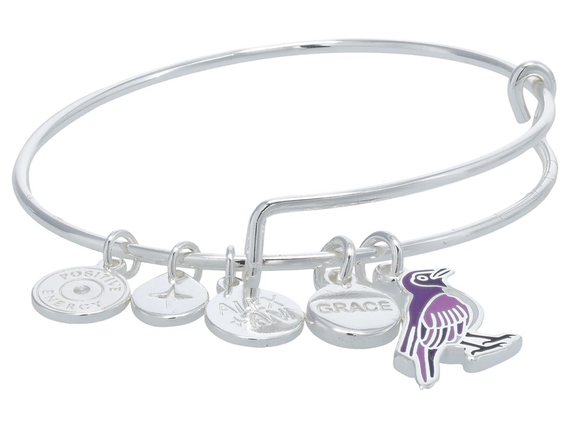 Alex and Ani Grace Violet Backed Starling Duo Expandable Wire Bangle Bracelet, Shiny Silver Finish, Purple Charm, 2 to 3.5 in