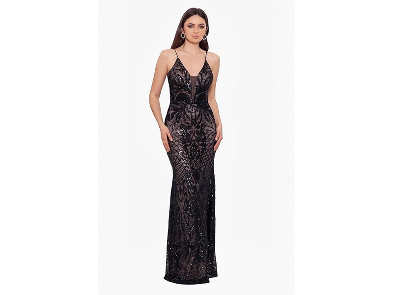 Long Deep V Patterned Sequin Dress