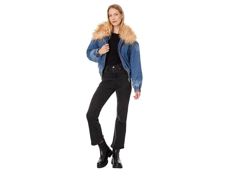 Denim Bomber Jacket With Faux Fur Collar