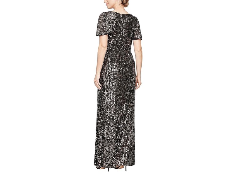 Long Sequins Gown with Flutter Sleeves and Front Knot Detail