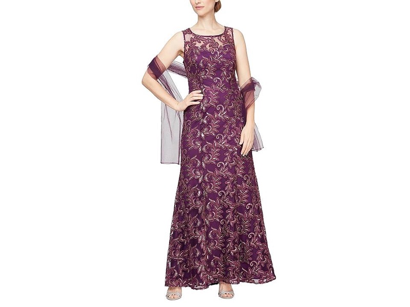 Long Embroidered Gown with Sweetheart Illusion Neckline and Chiffon Shawl