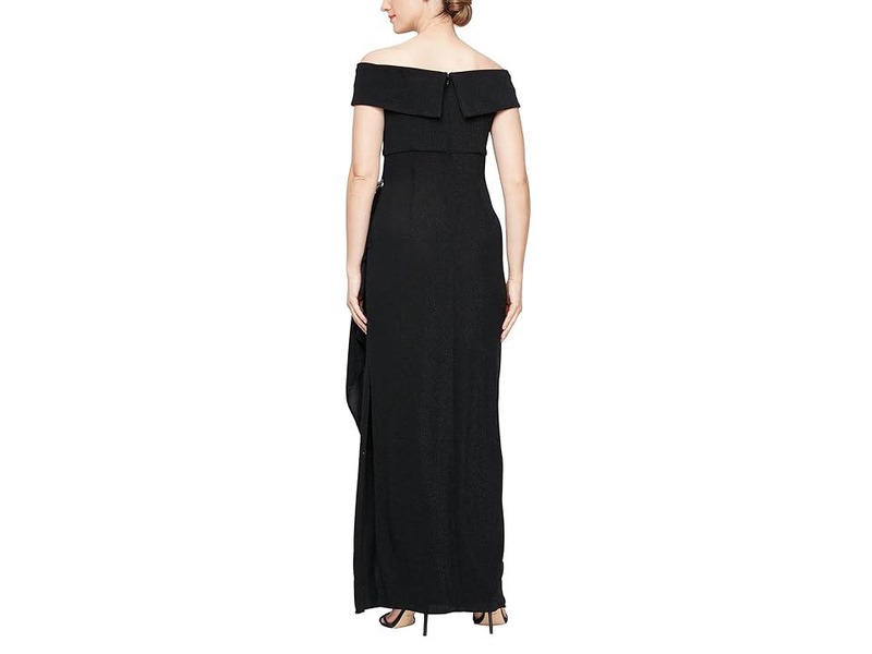 Long Metallic Knit Off-the-Shoulder Dress w/Hip Embellishment