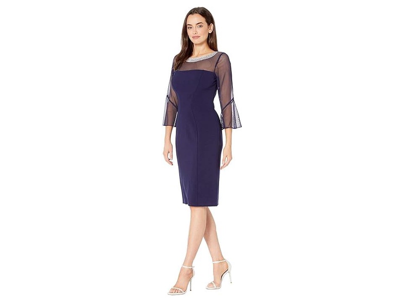 Short Shift Dress with Beaded Illusion Neckline and Bell Sleeves