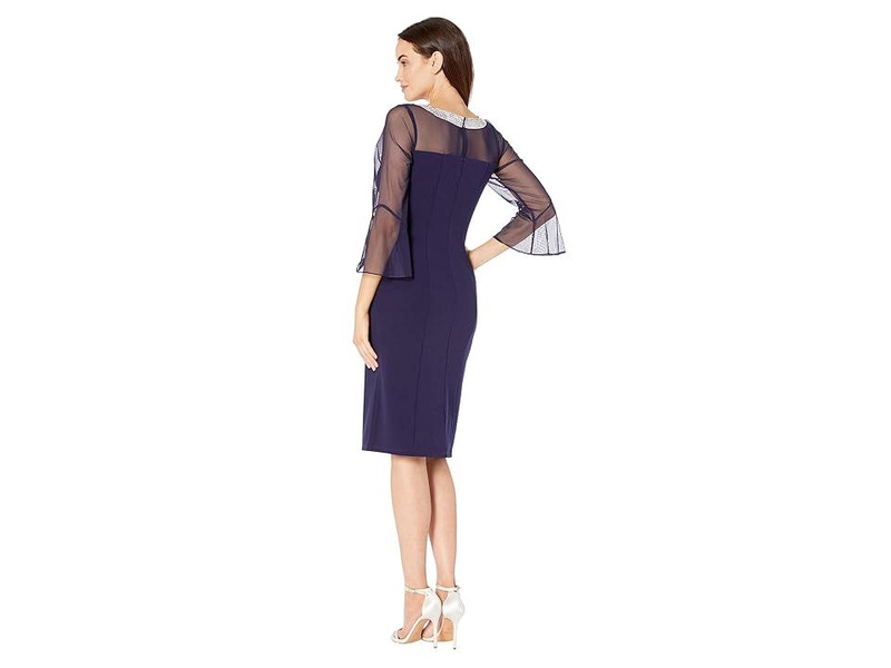 Short Shift Dress with Beaded Illusion Neckline and Bell Sleeves