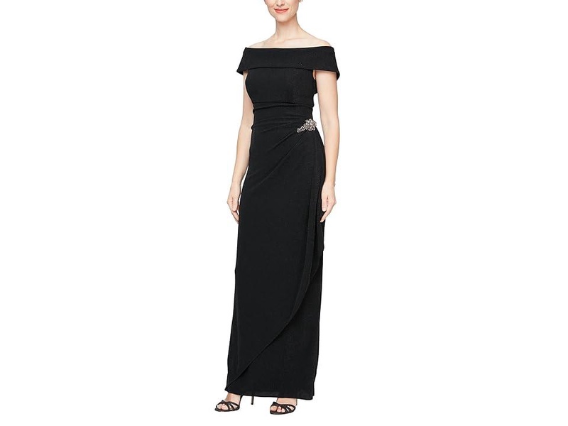 Long Metallic Knit Off-the-Shoulder Dress w/Hip Embellishment
