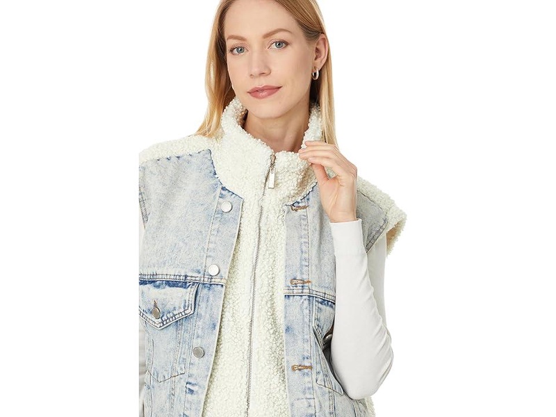 Light Wash Denim Trucker Vest w/ Faux Sherpa Detail in Snow Bank