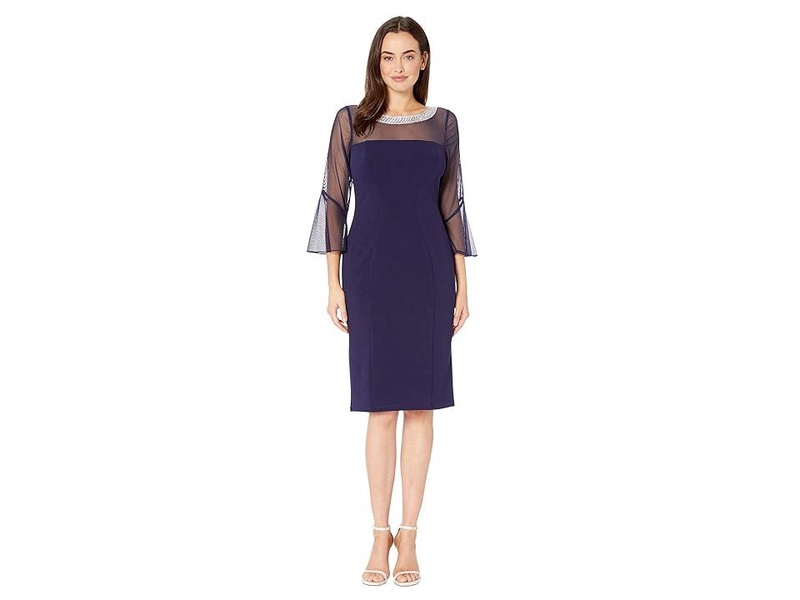 Short Shift Dress with Beaded Illusion Neckline and Bell Sleeves