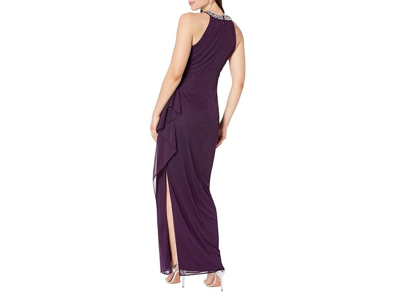 Beaded Halter Long Gown with Side Ruching