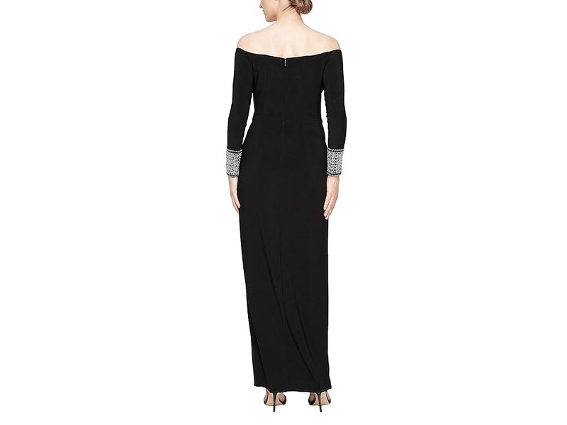 Long Matte Jersey Off the Shoulder Gown with Beaded Cuff Long Sleeves