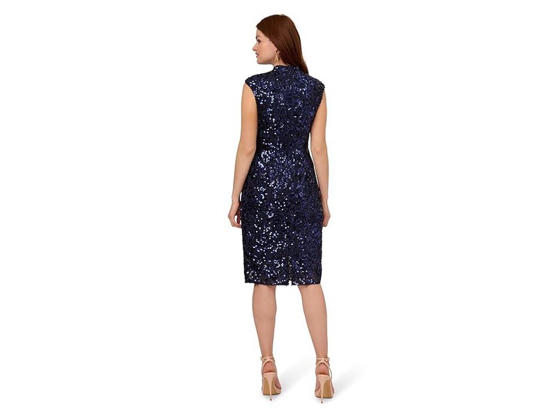 Stretch Sequin & Lace Mock Neck Cocktail Dress