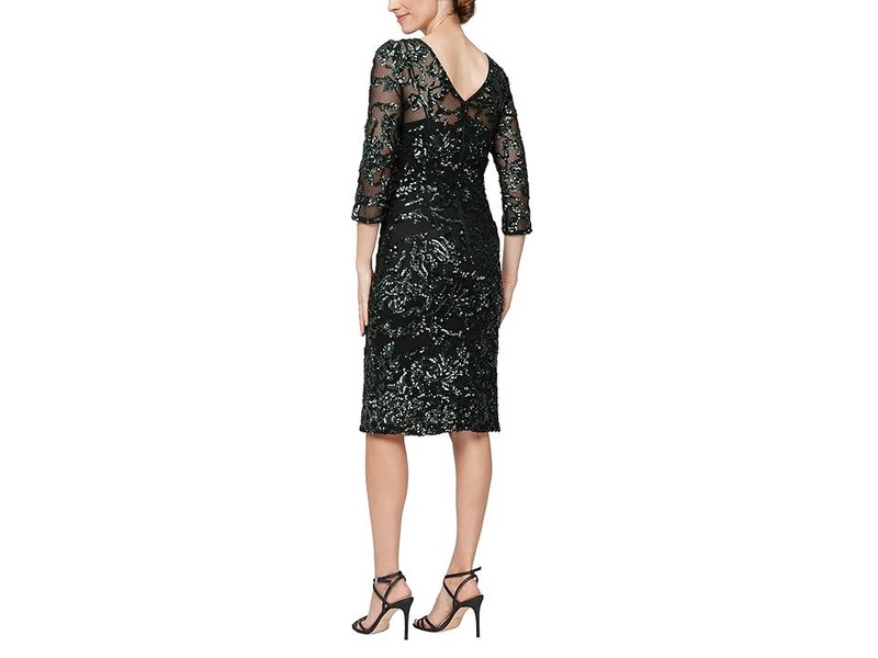 Short V-Neck Sheath Dress with Illusion Neckline and 3/4 Sleeves