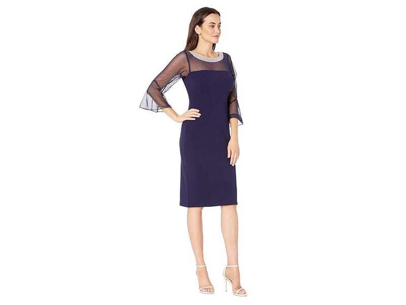 Short Shift Dress with Beaded Illusion Neckline and Bell Sleeves
