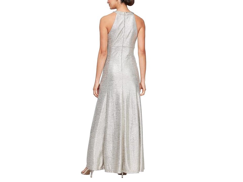 Metallic Knit Long Halter Neck Dress with Ruched Waist
