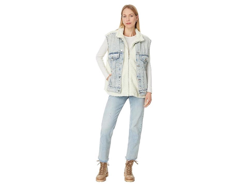 Light Wash Denim Trucker Vest w/ Faux Sherpa Detail in Snow Bank