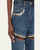 Crystal Button Studded Slit Straight-Leg Jeans