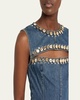 Crystal Button Studded Slit Denim Mini Dress