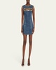 Crystal Button Studded Slit Denim Mini Dress