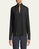 Split-Neck Silk Button-Front Blouse
