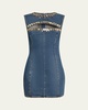 Crystal Button Studded Slit Denim Mini Dress