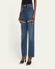 Crystal Button Studded Slit Straight-Leg Jeans