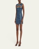 Crystal Button Studded Slit Denim Mini Dress