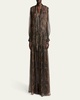Paisley Sheer Smocked Tie-Neck Gown