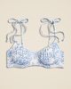 Ruched balconette bikini top in blue toile