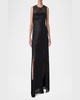 Stripes Embroidered Techno Sleeveless Slits Gown
