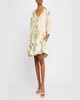 Flowy Puff-Sleeve Printed Linen Mini Dress