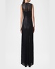 Stripes Embroidered Techno Sleeveless Slits Gown