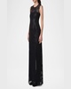 Stripes Embroidered Techno Sleeveless Slits Gown