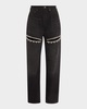Crystal Cutout Slit Straight Leg Jeans