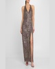 Beaded Side-Slit Halter Gown