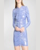 Ruched Metallic Jersey Long-Sleeve Mini Dress